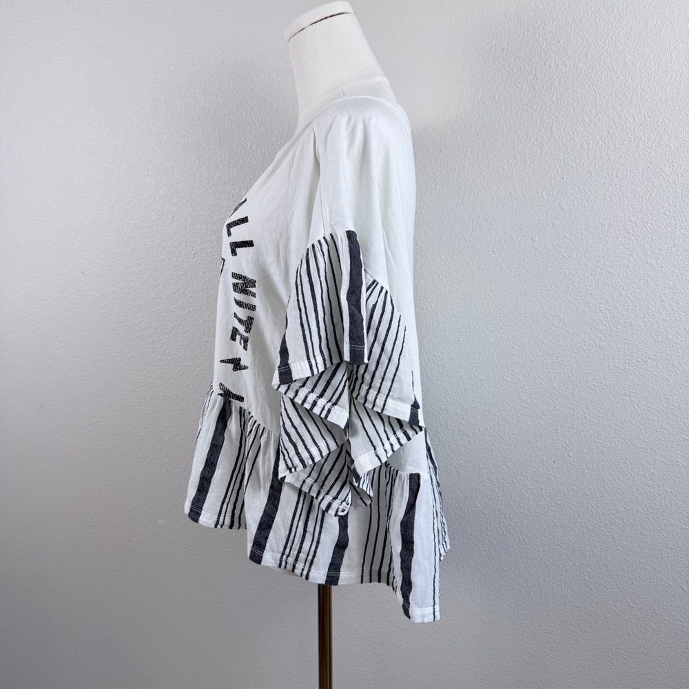 Pilcro Anthropologie KISS Graphic Band Babydoll Top Striped Flutter Sleeve M - Picture 3 of 8